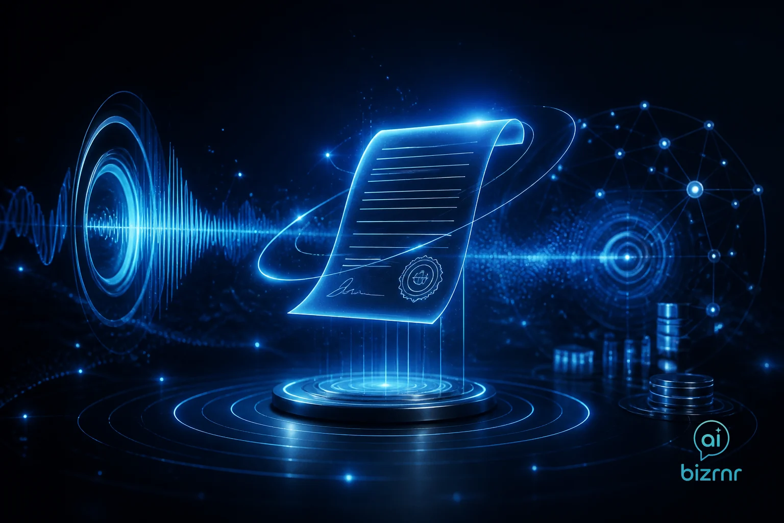 Kristian Peter – glowing circuit contract document sealed with light on a dark premium command console