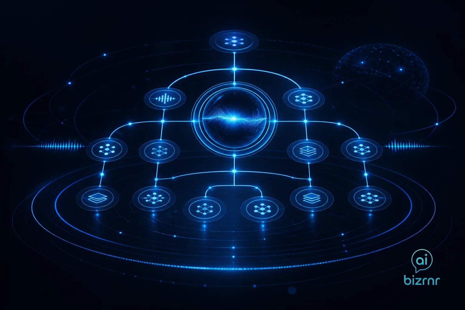 Kristian Peter – glowing blue hierarchical node diagram floating above a dark command console with circuit lines