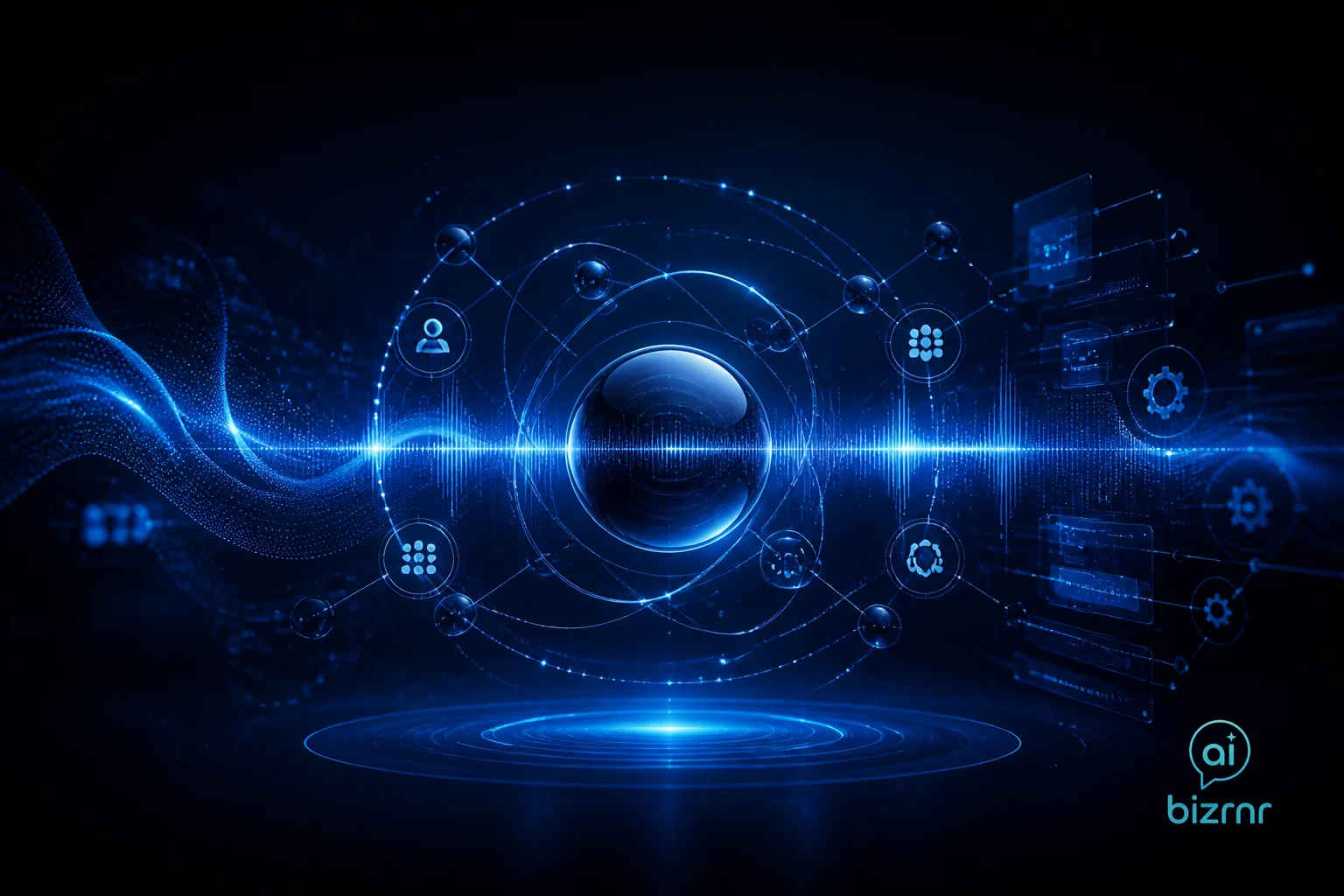 Kristian Peter – glowing gold service interface panels orbiting a lone dark command console on deep navy background