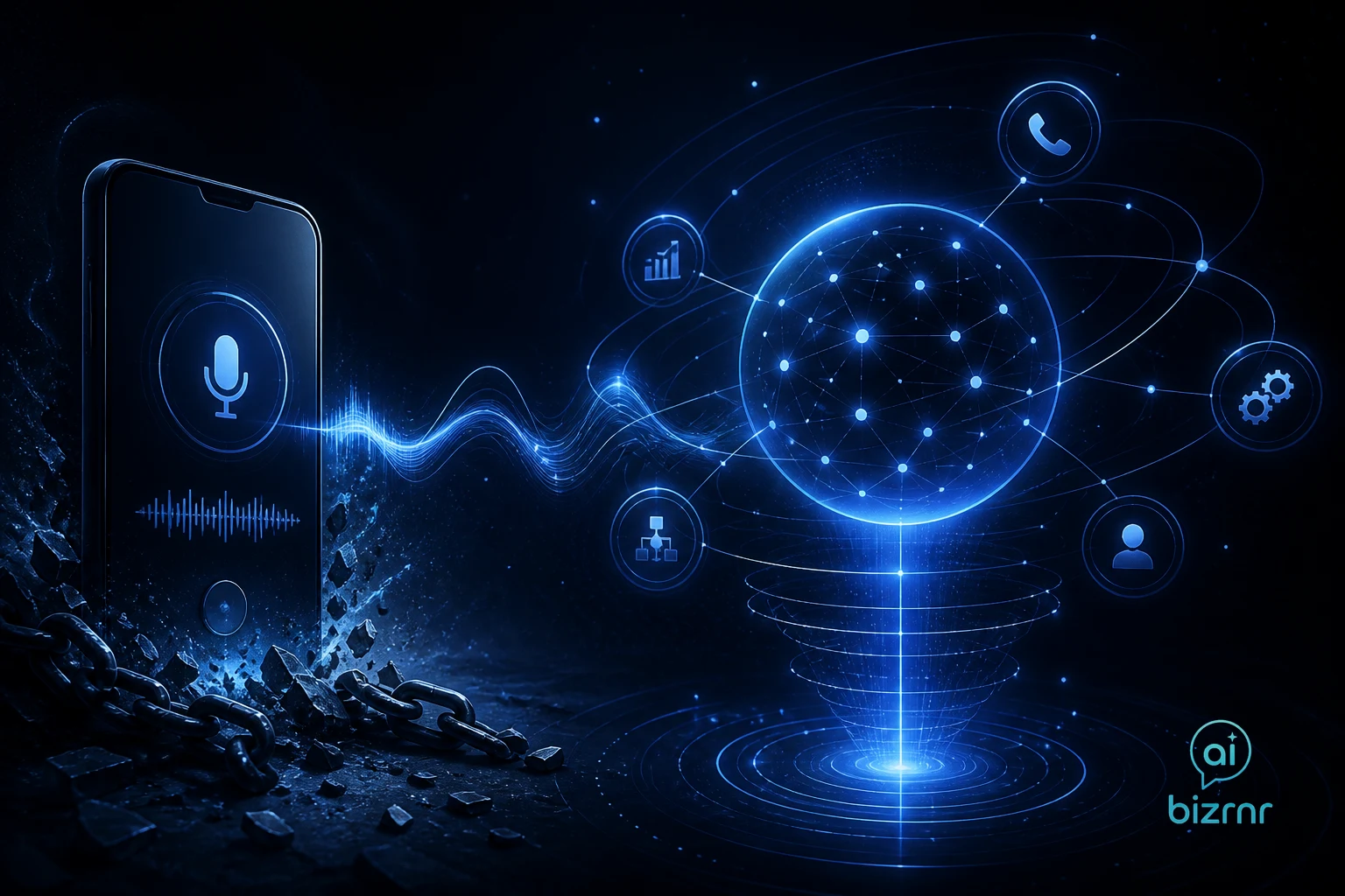 Kristian Peter – glowing phone handset dissolving into dark void beside a pulsing green waveform on a command console