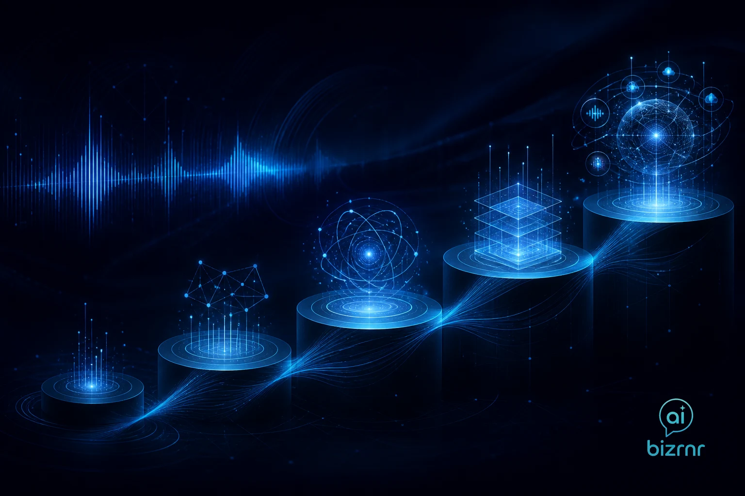 Kristian Peter – five glowing tiered pillars ascending in blue light against a dark command console dashboard