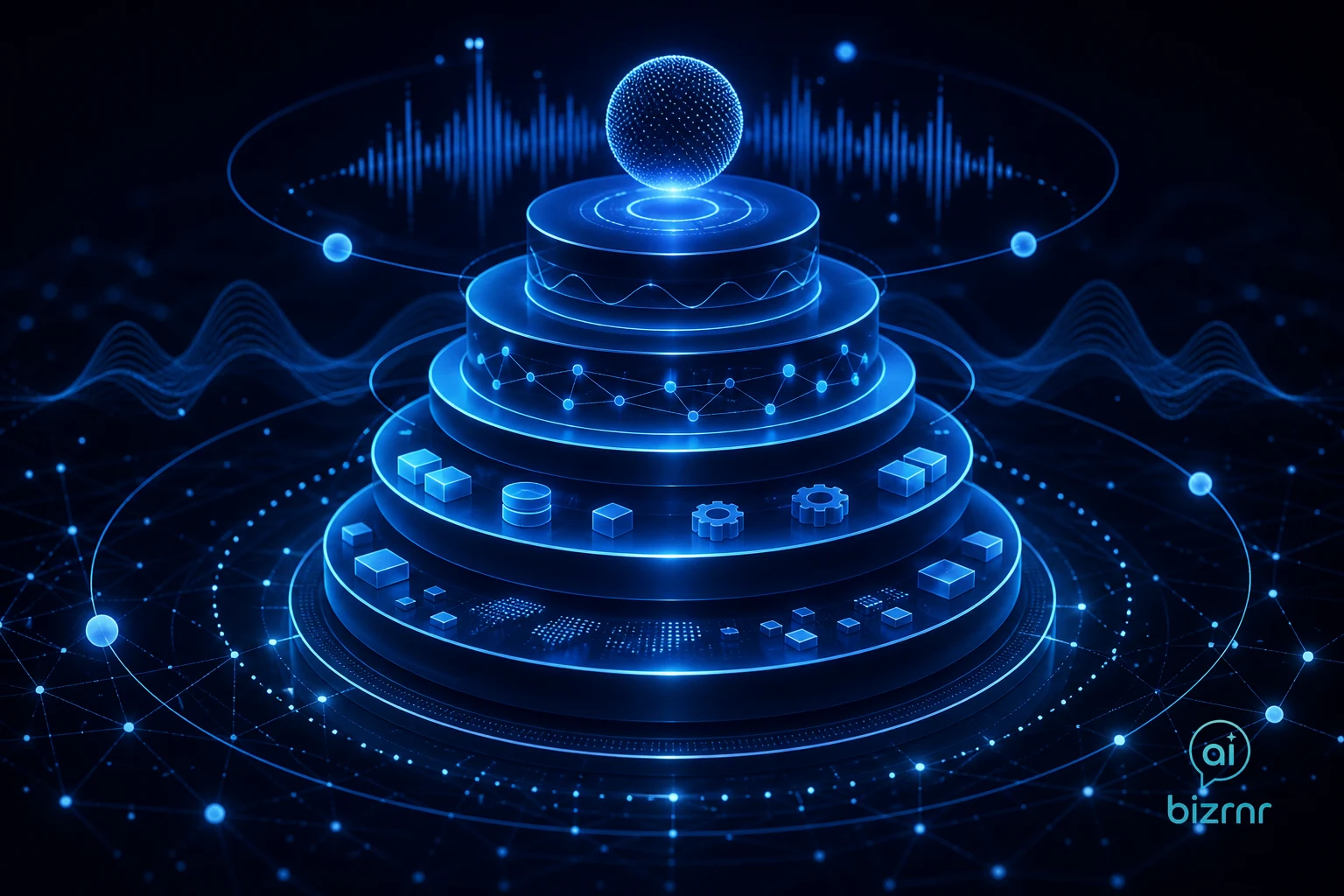 Kristian Peter – glowing layered hexagonal stack with data flowing between tiers on a dark command console background