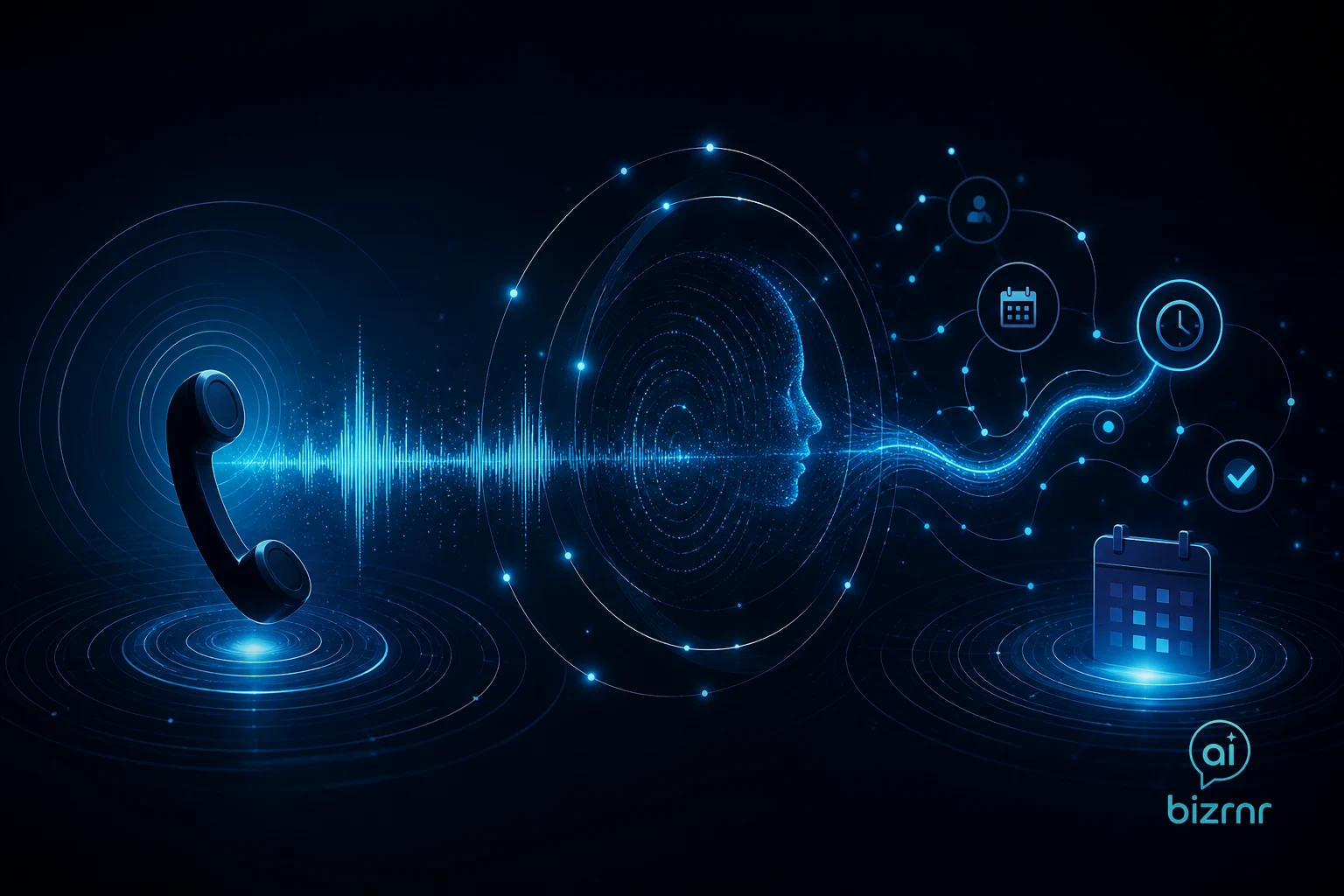 Kristian Peter – glowing blue phone signal arc connecting to a dark command console with calendar nodes and confirmation pulses