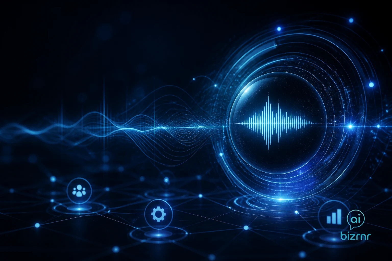 Kristian Peter – glowing microphone waveform rising from a dark console surrounded by floating dialogue nodes and blue circuit lines