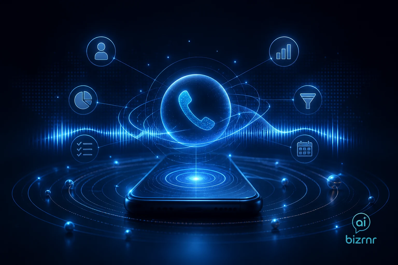 Kristian Peter – glowing qualification decision tree branching from a phone receiver over dark circuit lines and pulsing sound waves