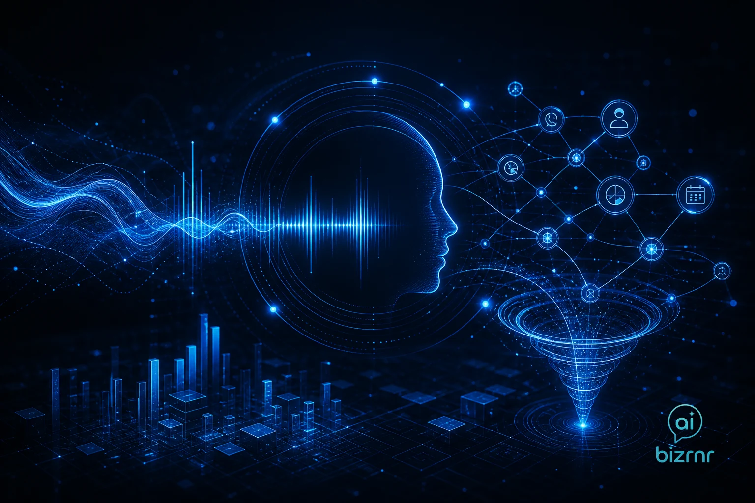 Kristian Peter – glowing red telephone icon dissolving into falling dollar symbols above a dark analytics dashboard with blue circuit lines