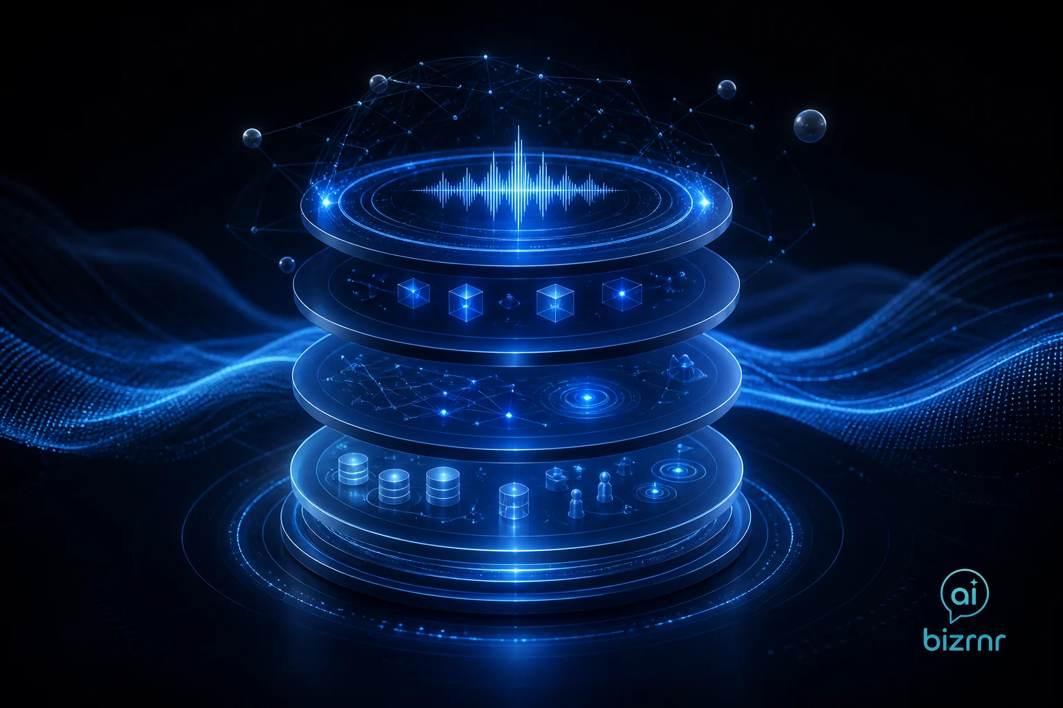 Kristian Peter – glowing layered tech stack diagram floating above a dark minimal command console with circuit lines