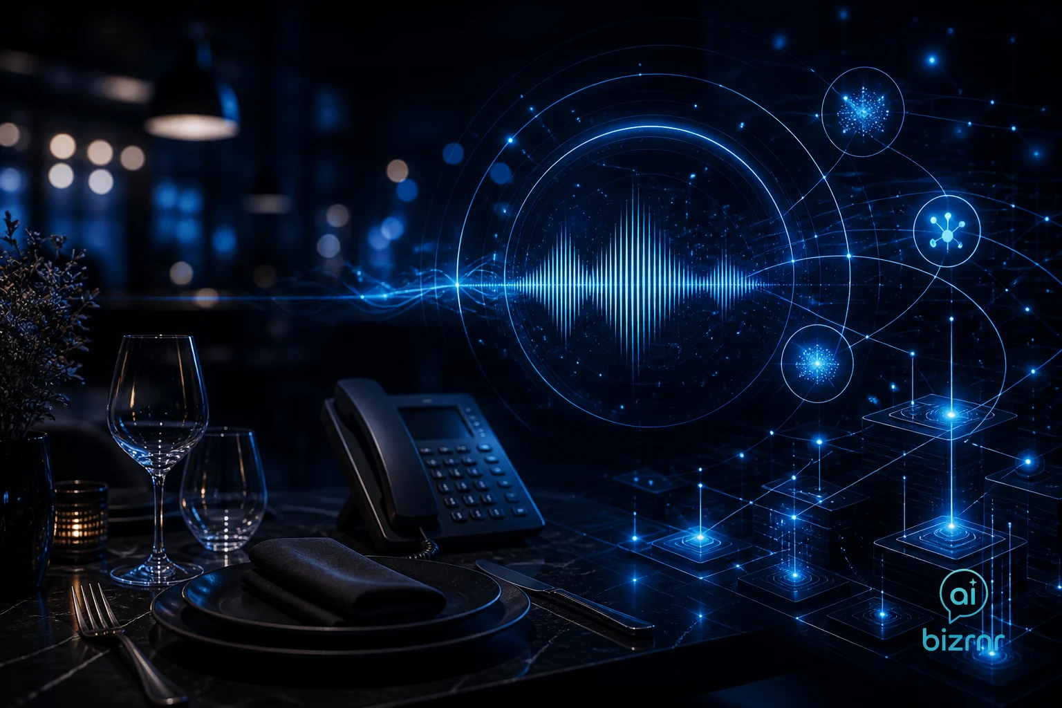 Kristian Peter – glowing amber phone lines converging on a dark restaurant command console with voice waveforms