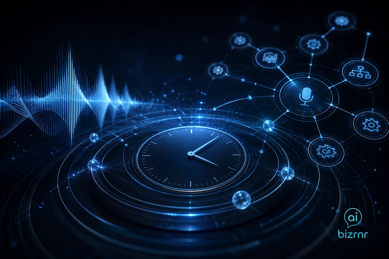 Kristian Peter – glowing hourglass suspended above a dark command console with orbiting calendar nodes and circuit lines
