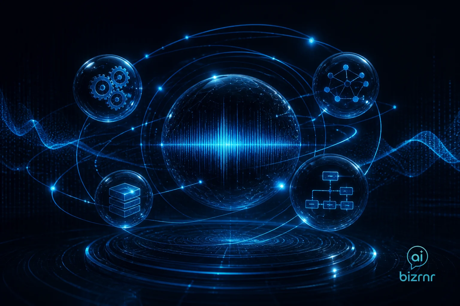 Kristian Peter – glowing robotic employee badge hovering above a dark command console with circuit-board org chart lines